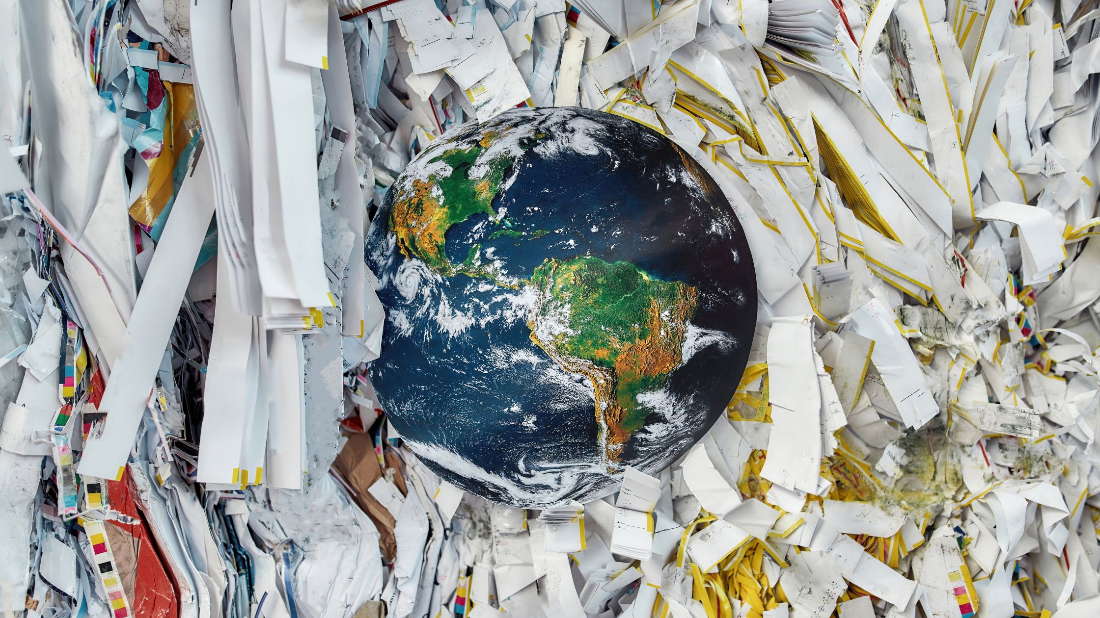 the earth surrounding by shredded paper